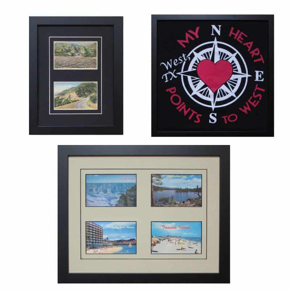 Postcards and a t-shirt in frames
