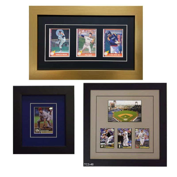 Trading cards and sports images in frames