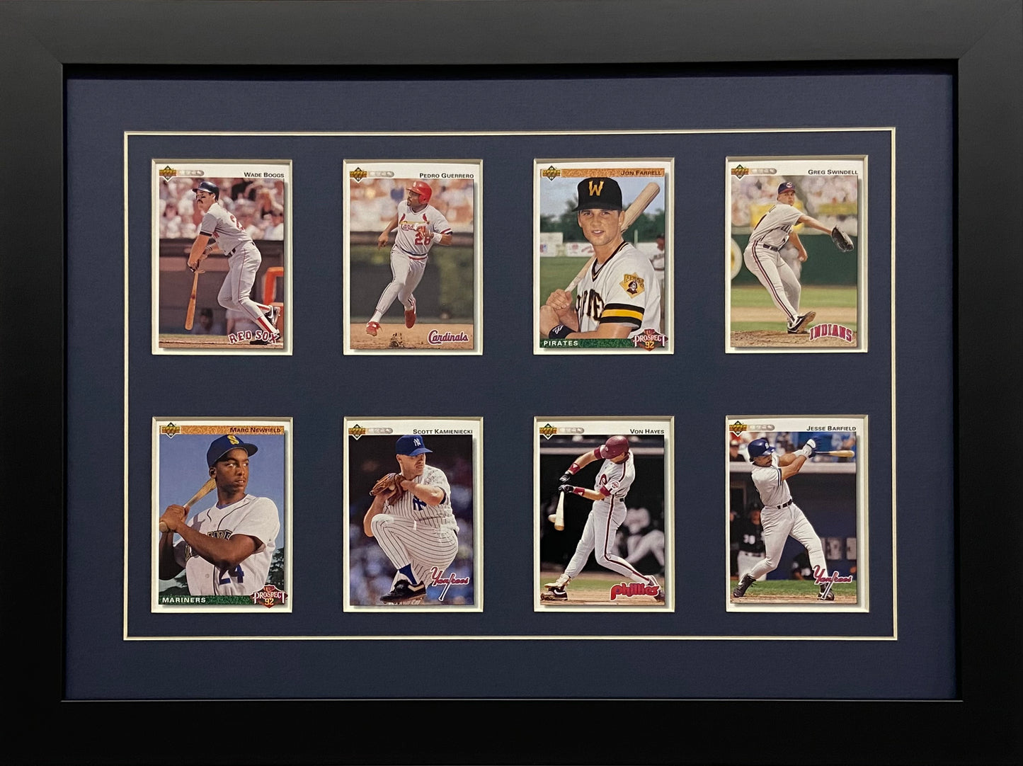 eight trading card frame navy blue-white mat black frame