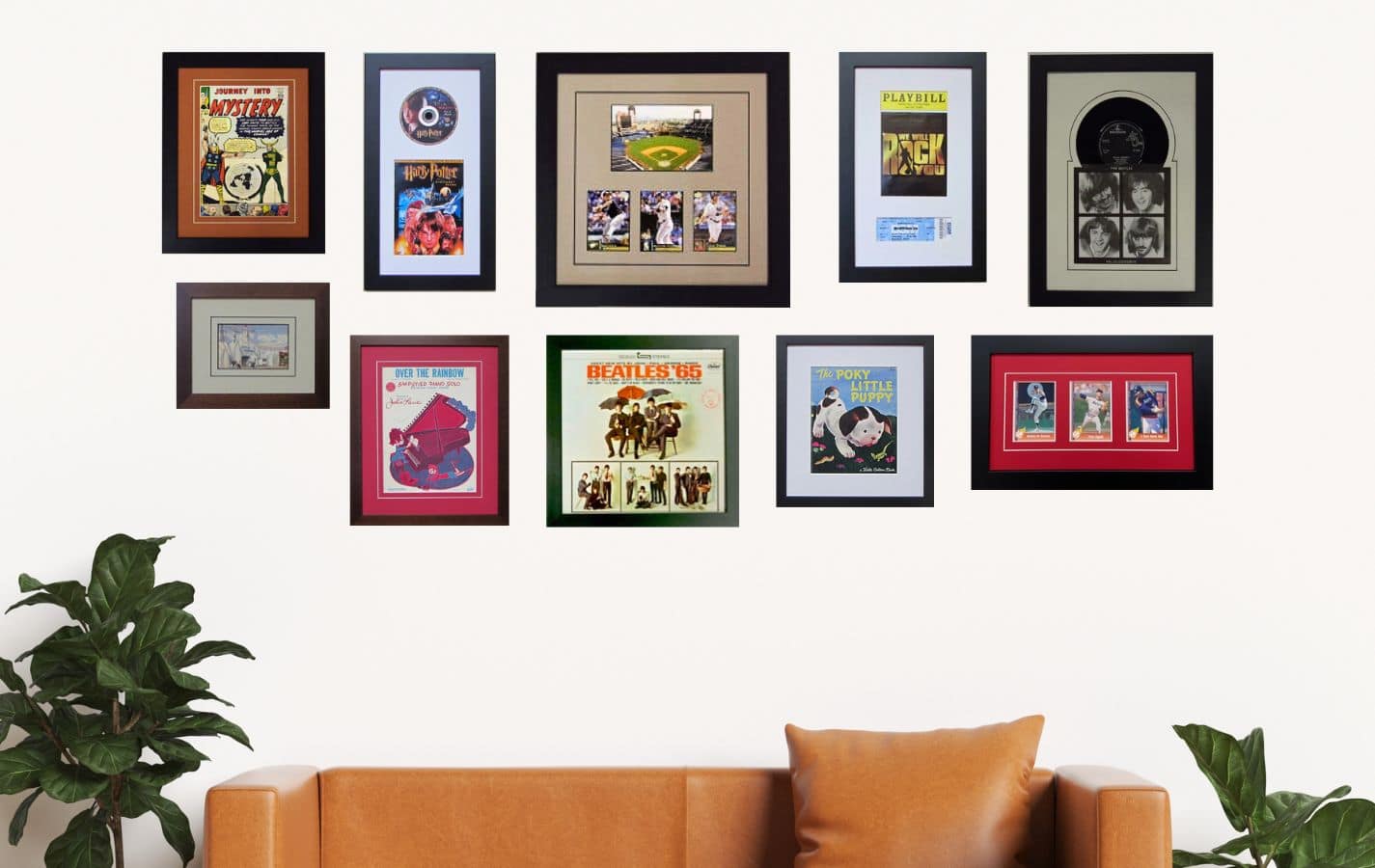 living room collage wall with a variety of collectibles framed