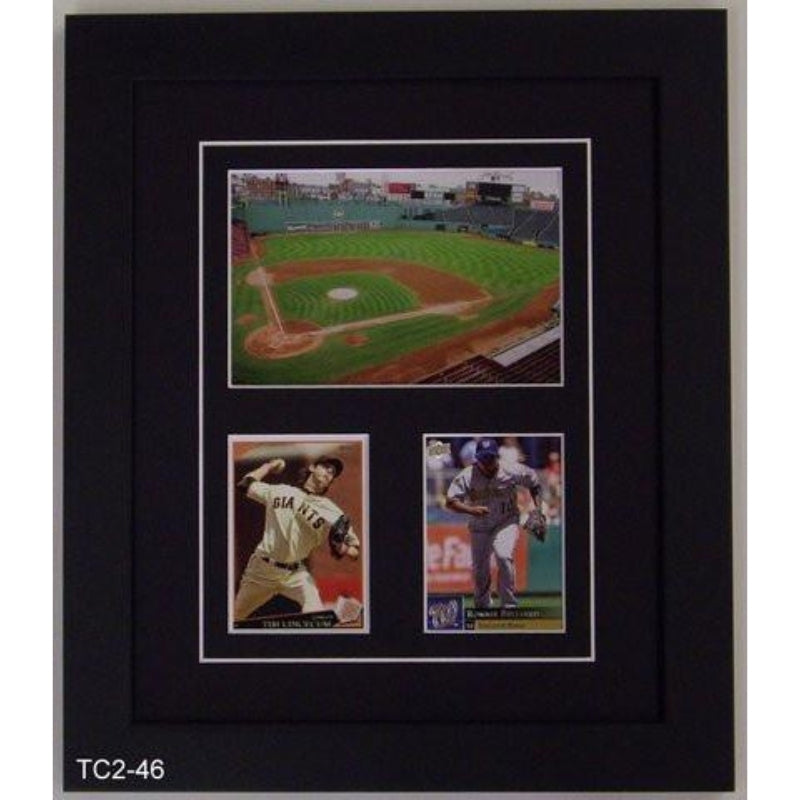two trading card frame with photo black-white mat black frame