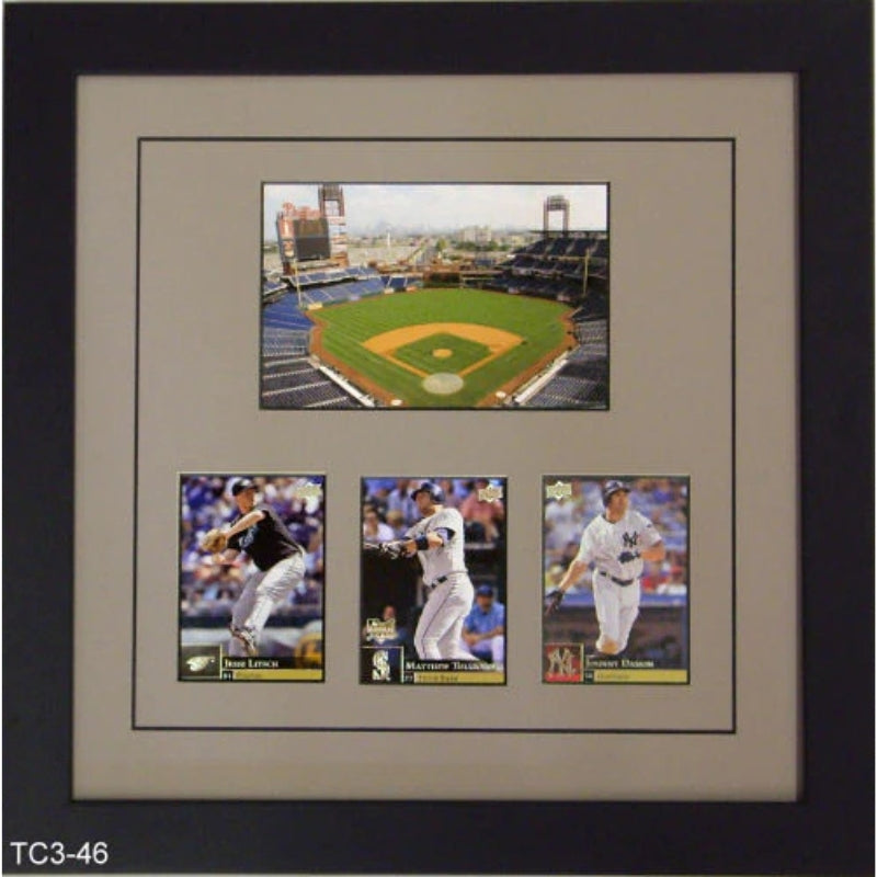 Trading Card Frame with Photo that holds three sports cards tan-black mat black frame