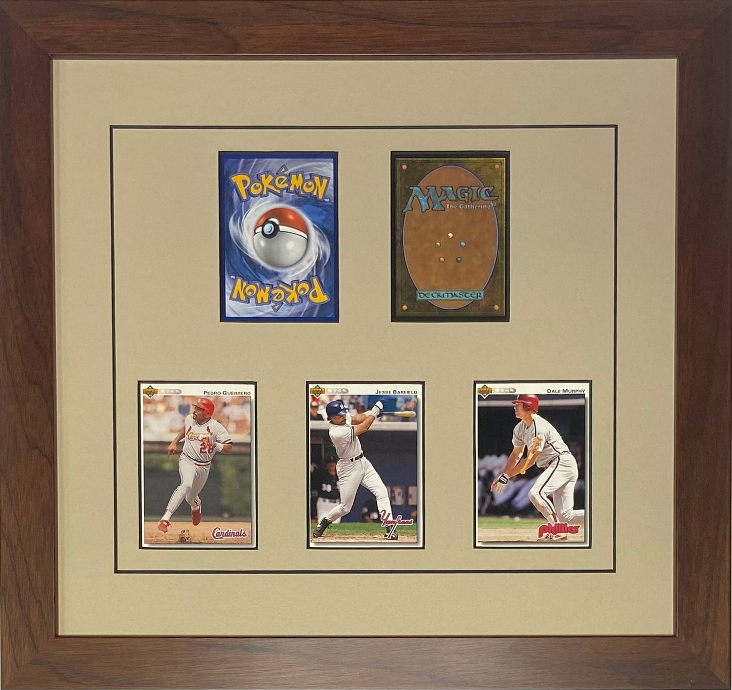 five trading card frame tan-black mat walnut frame