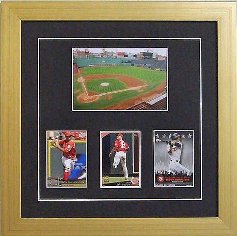 Trading Card Frame with Photo that holds three sports cards black-white mat gold frame