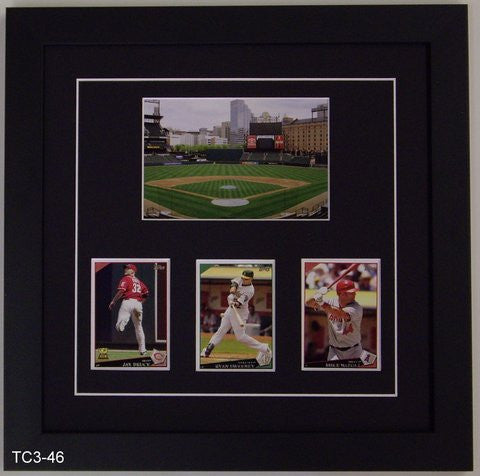 Trading Card Frame with Photo that holds three sports cards black-white mat black frame