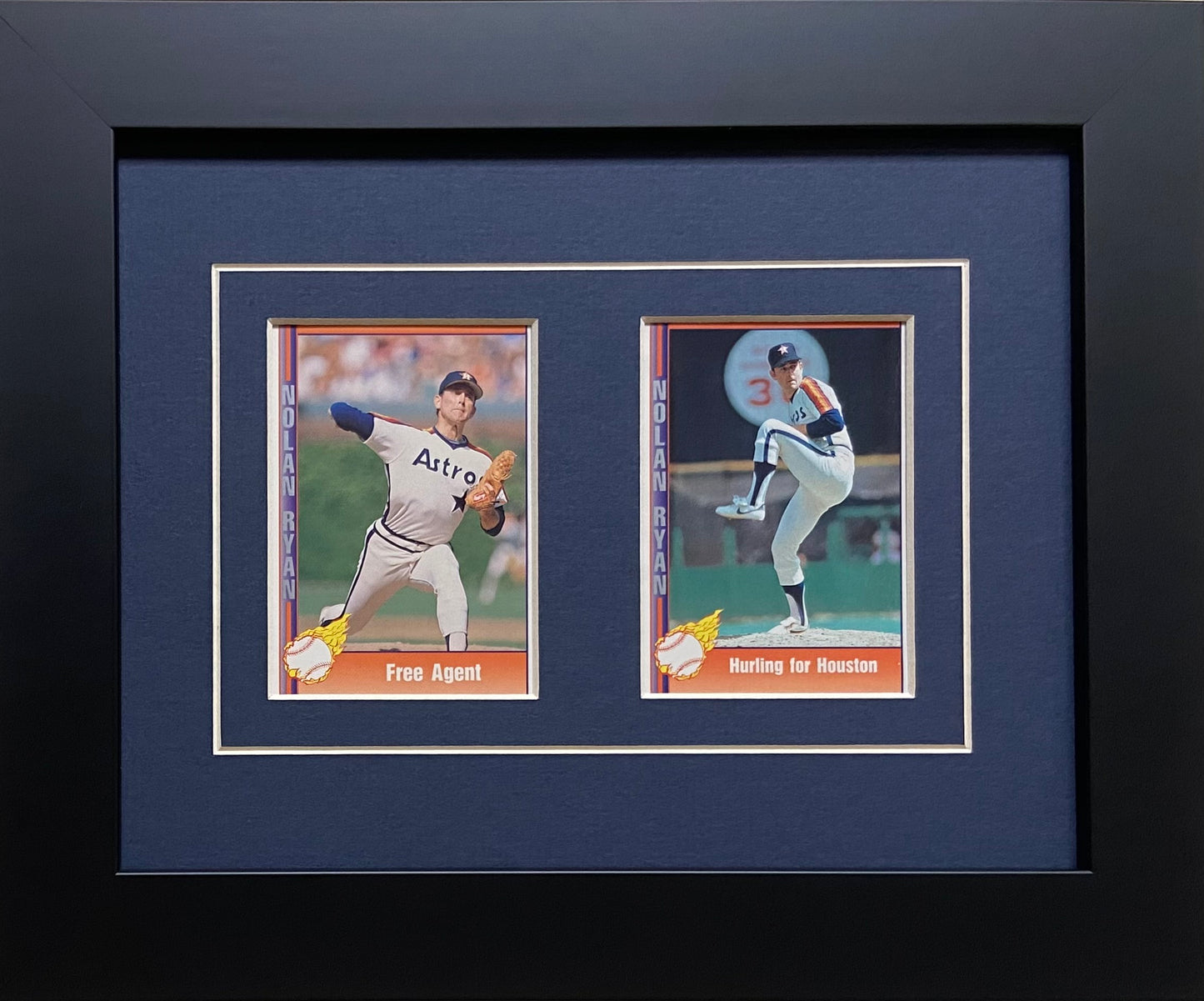 two trading card frame navy blue-white mat black frame
