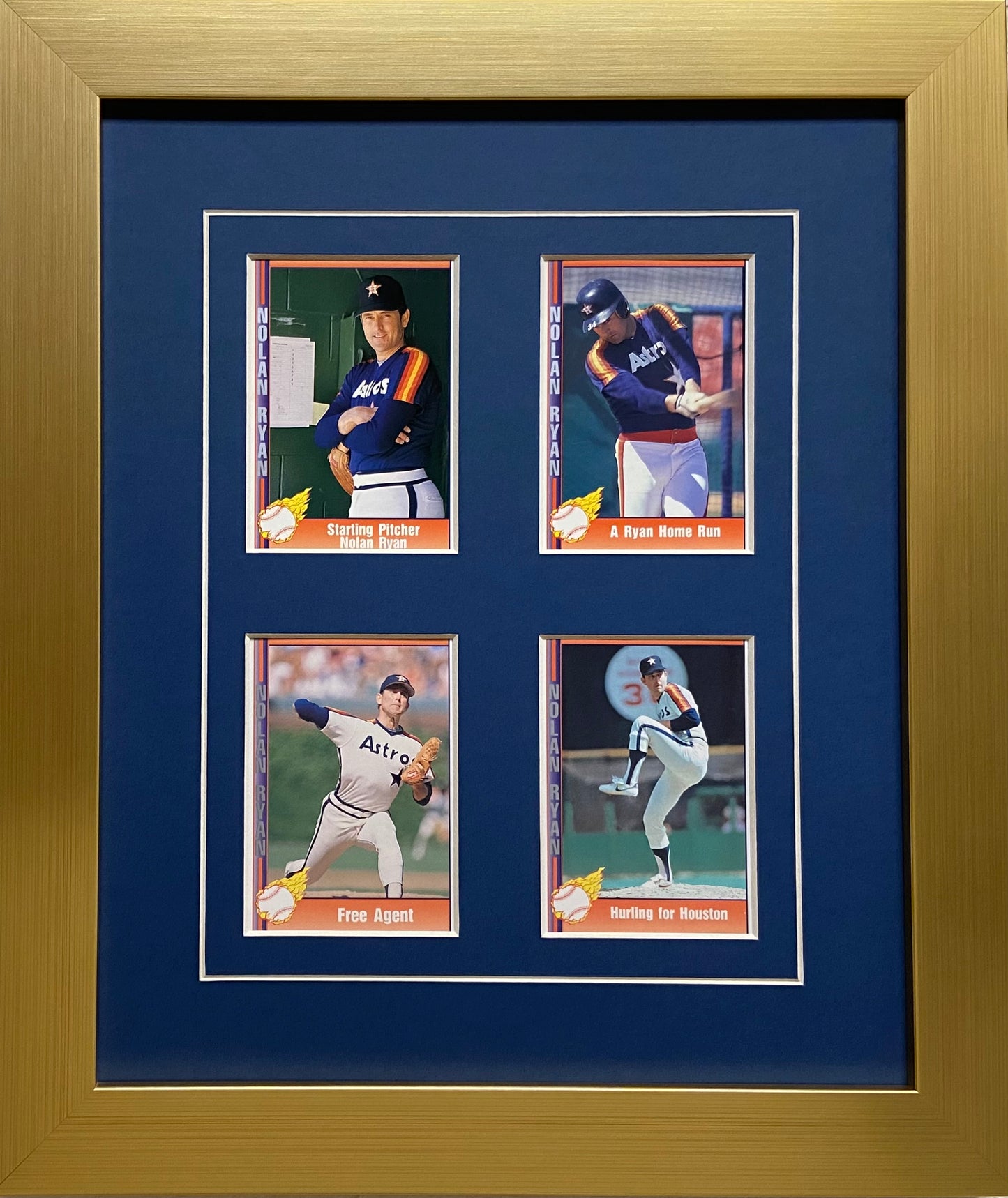 four trading card frame dark blue-white mat gold frame