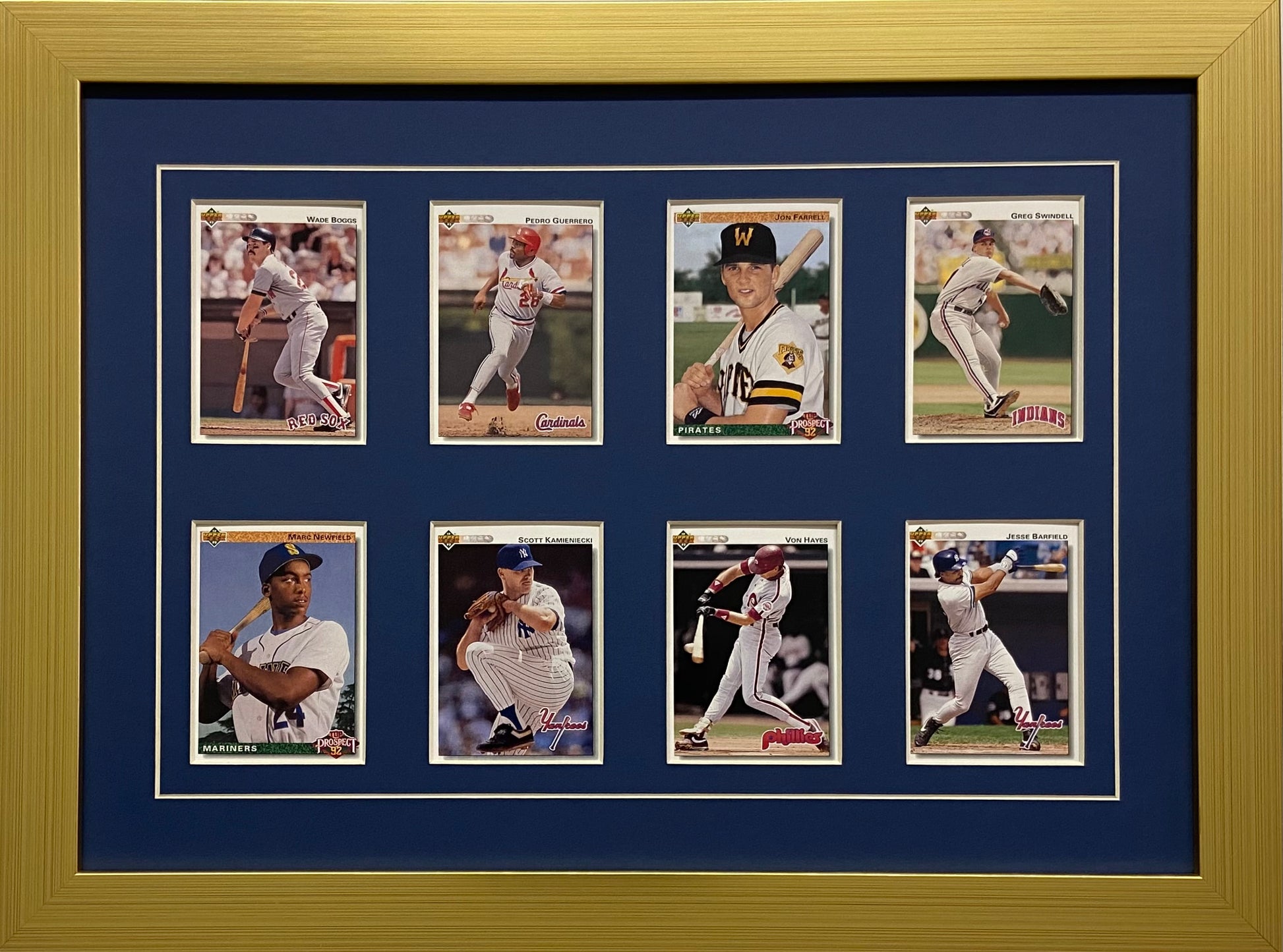 eight trading card frame dark blue-white mat gold frame