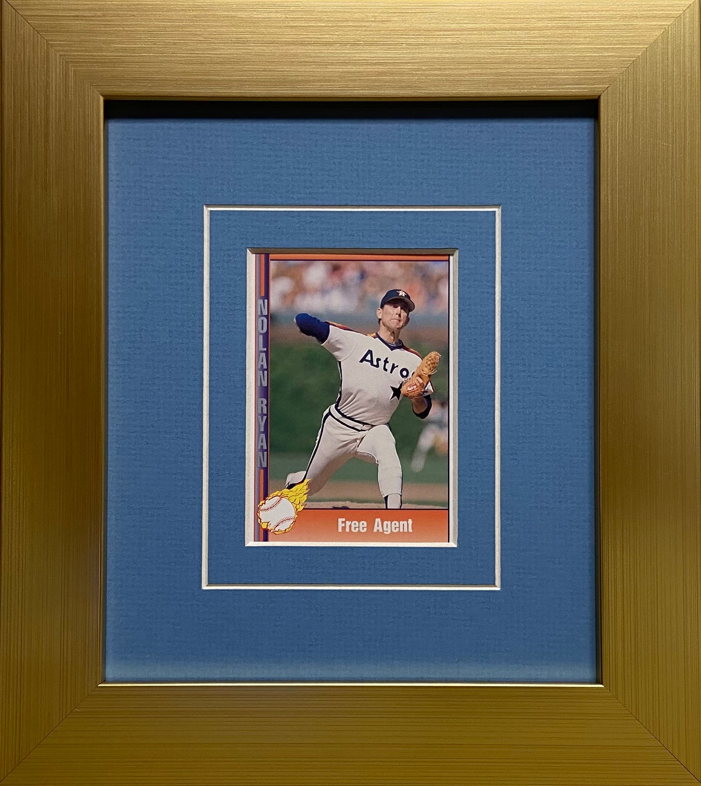 single trading card frame light blue-white mat gold frame