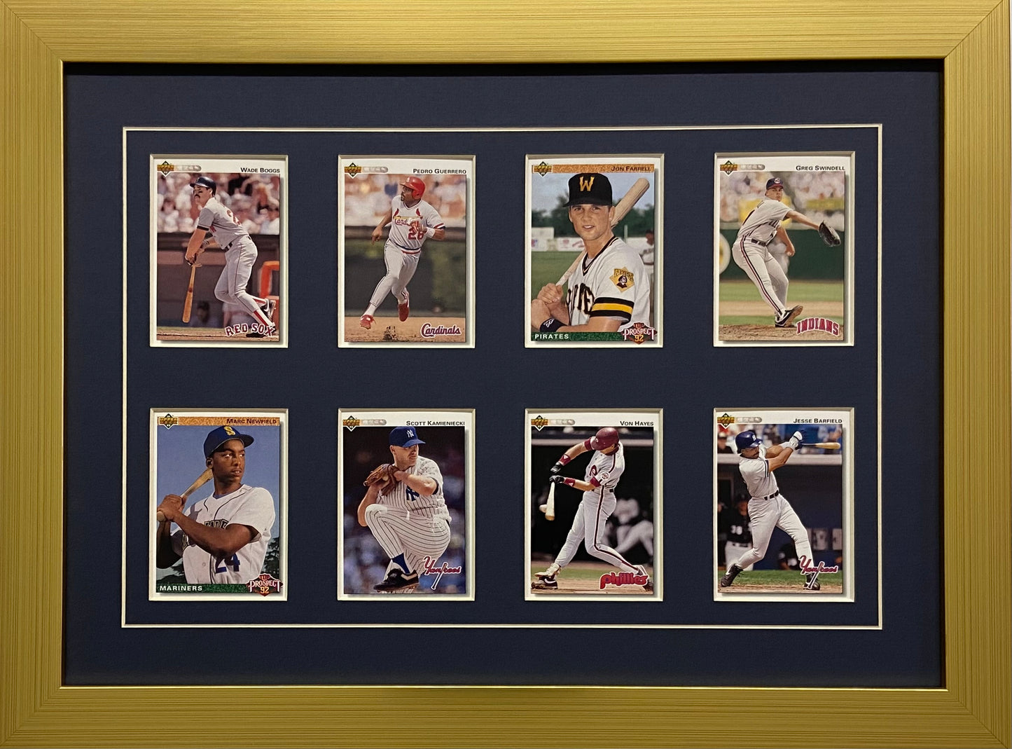 eight trading card frame navy blue-white mat gold frame
