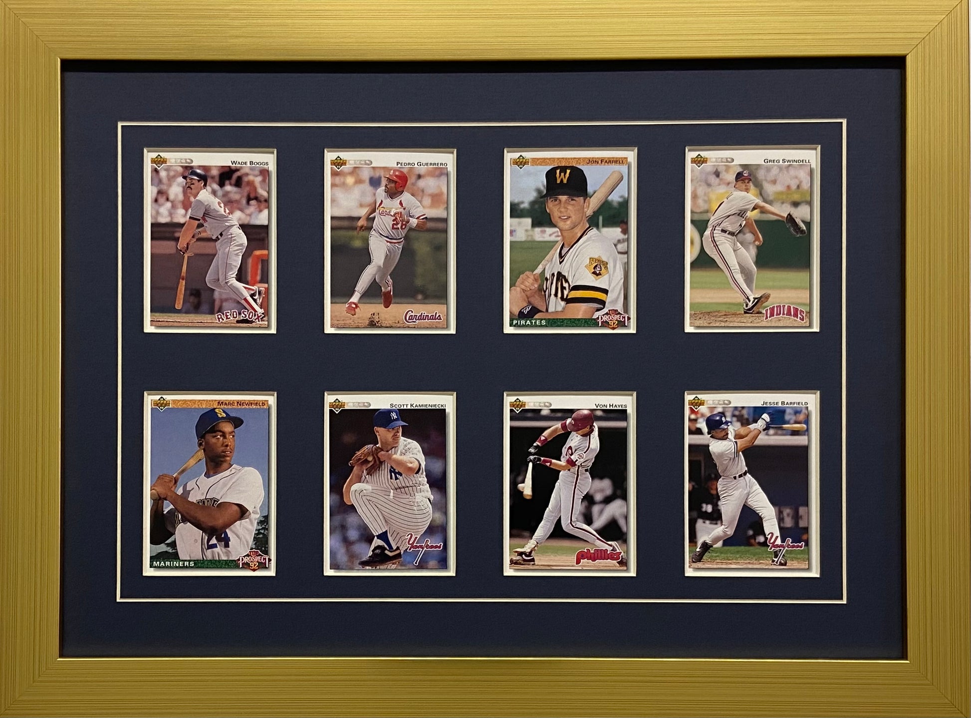 eight trading card frame navy blue-white mat gold frame