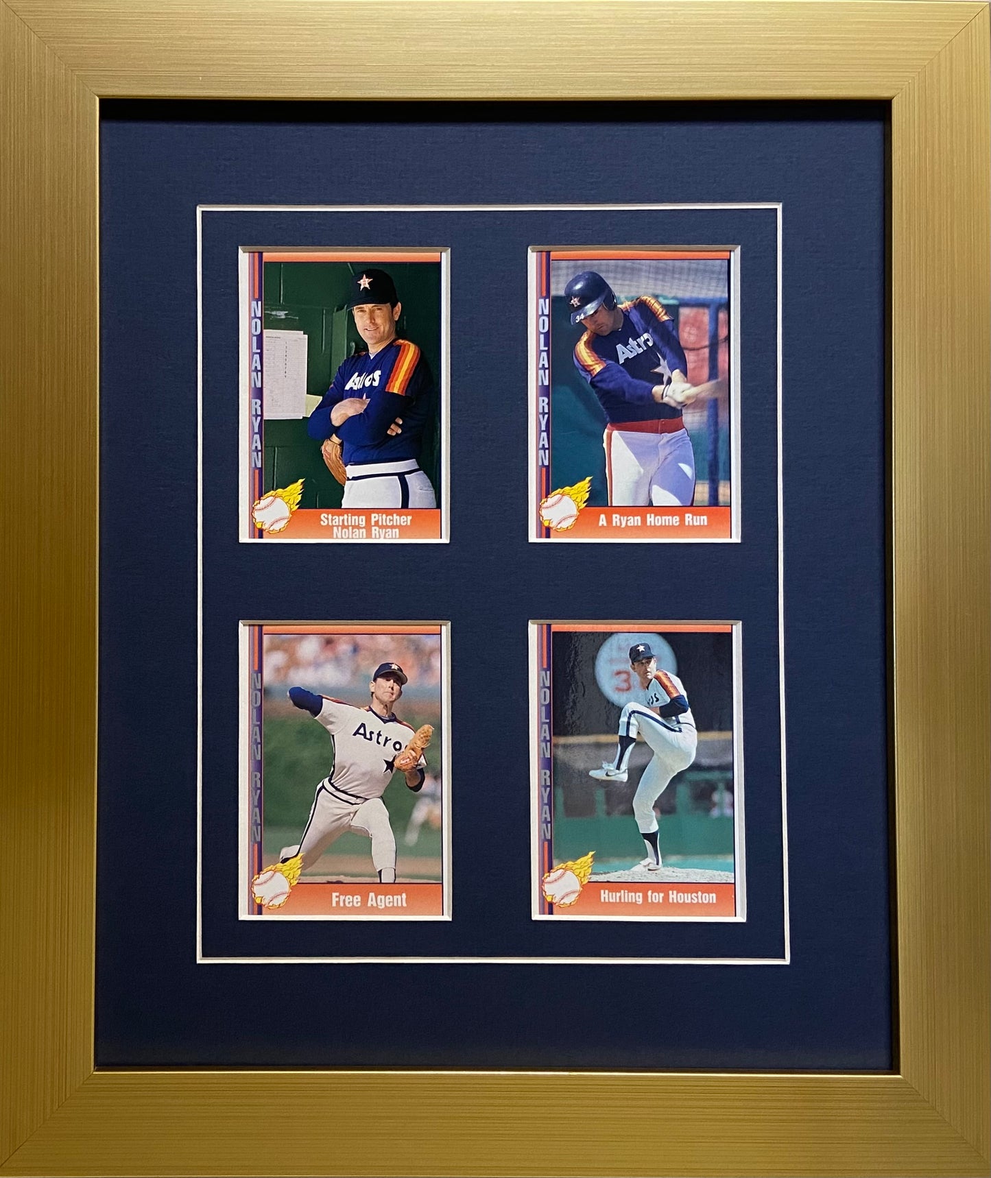 four trading card frame navy blue-white mat gold frame