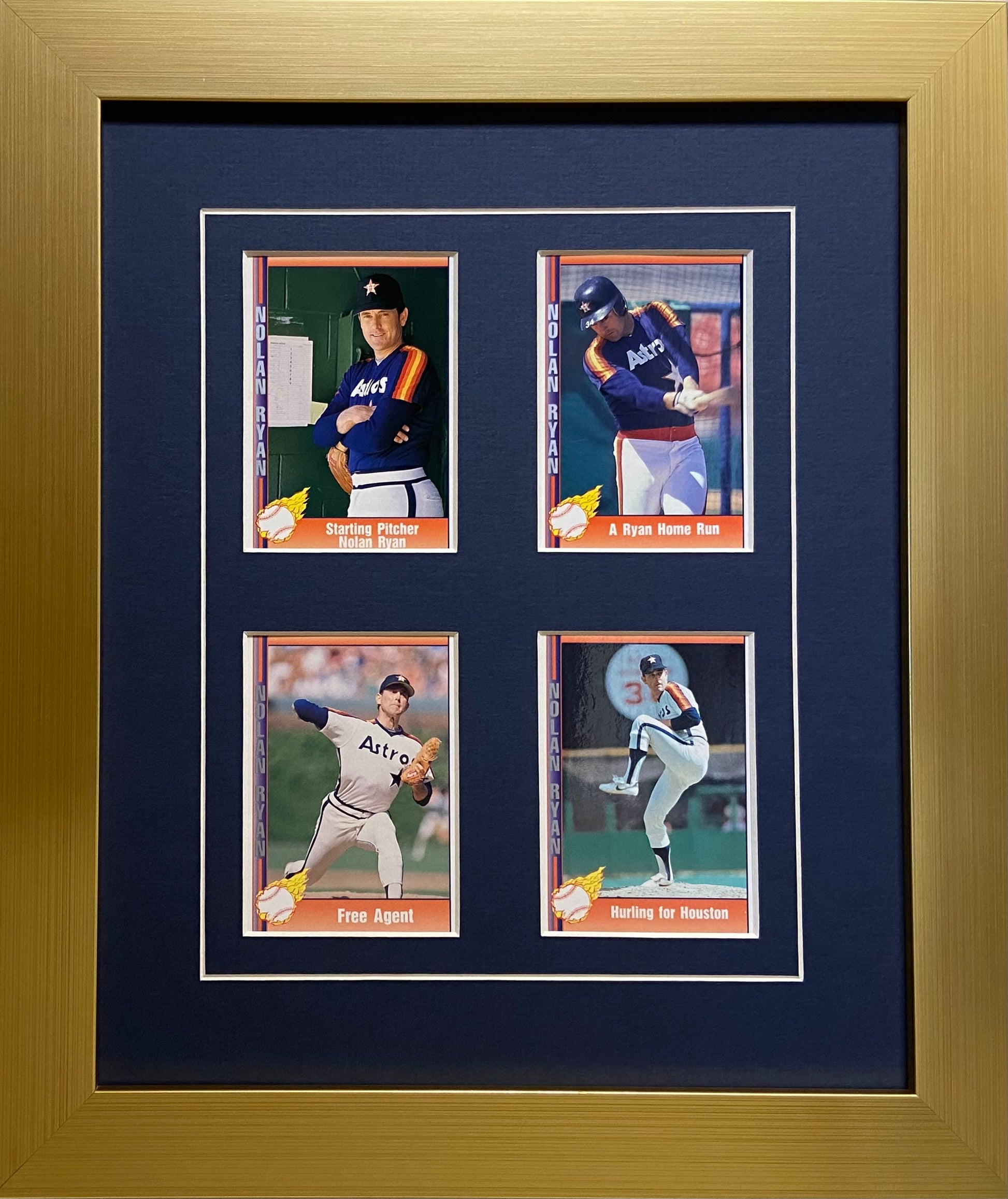 four trading card frame navy blue-white mat gold frame