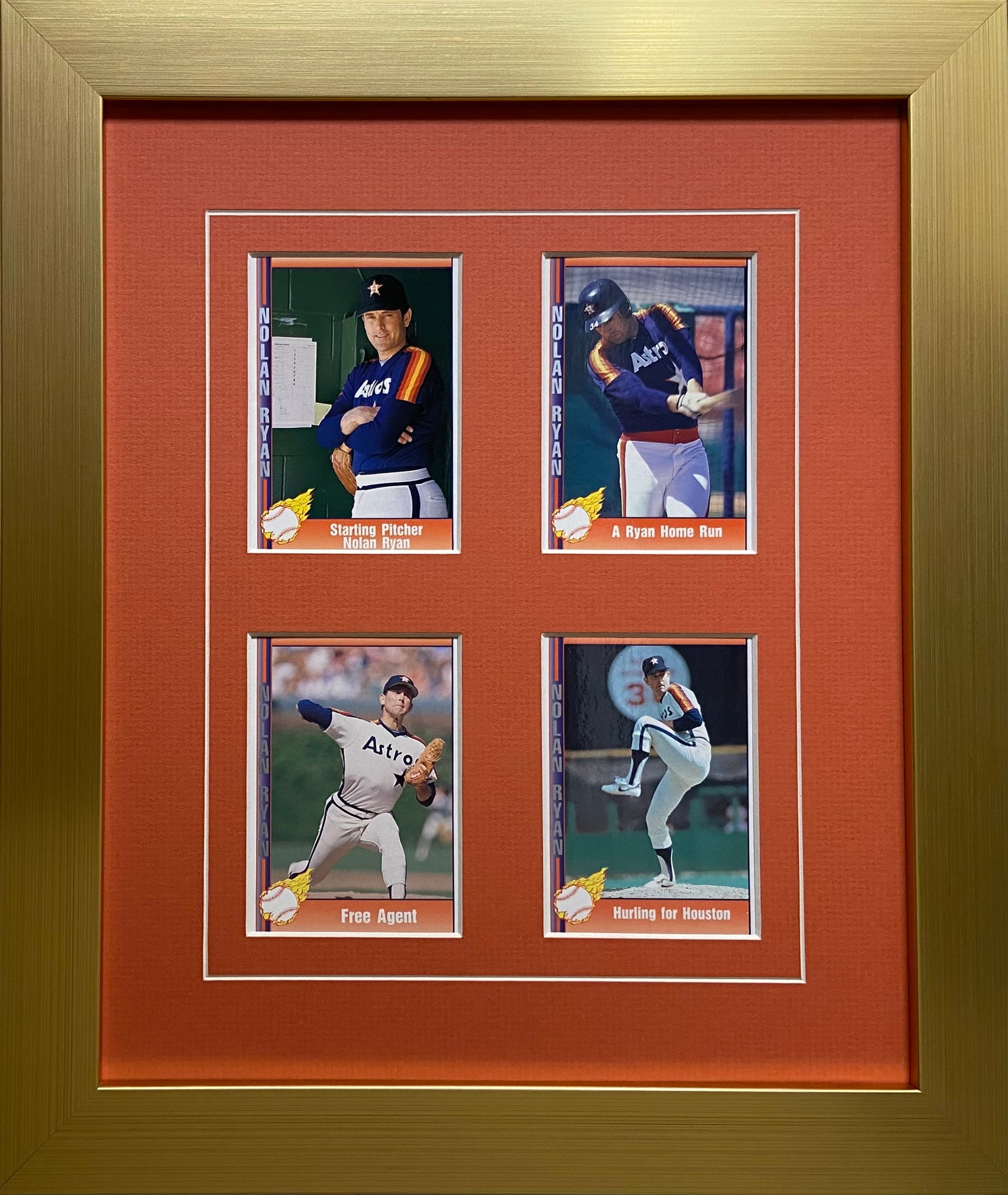 four trading card frame orange-white mat gold frame
