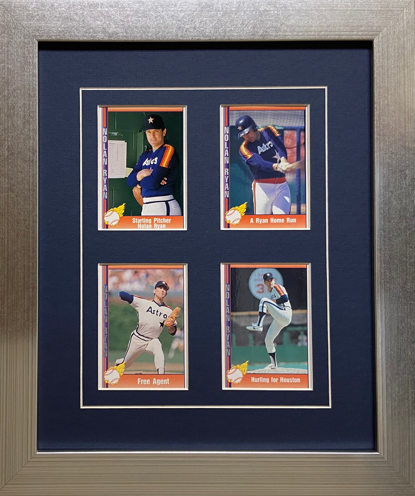 four trading card frame navy blue-white mat silver frame