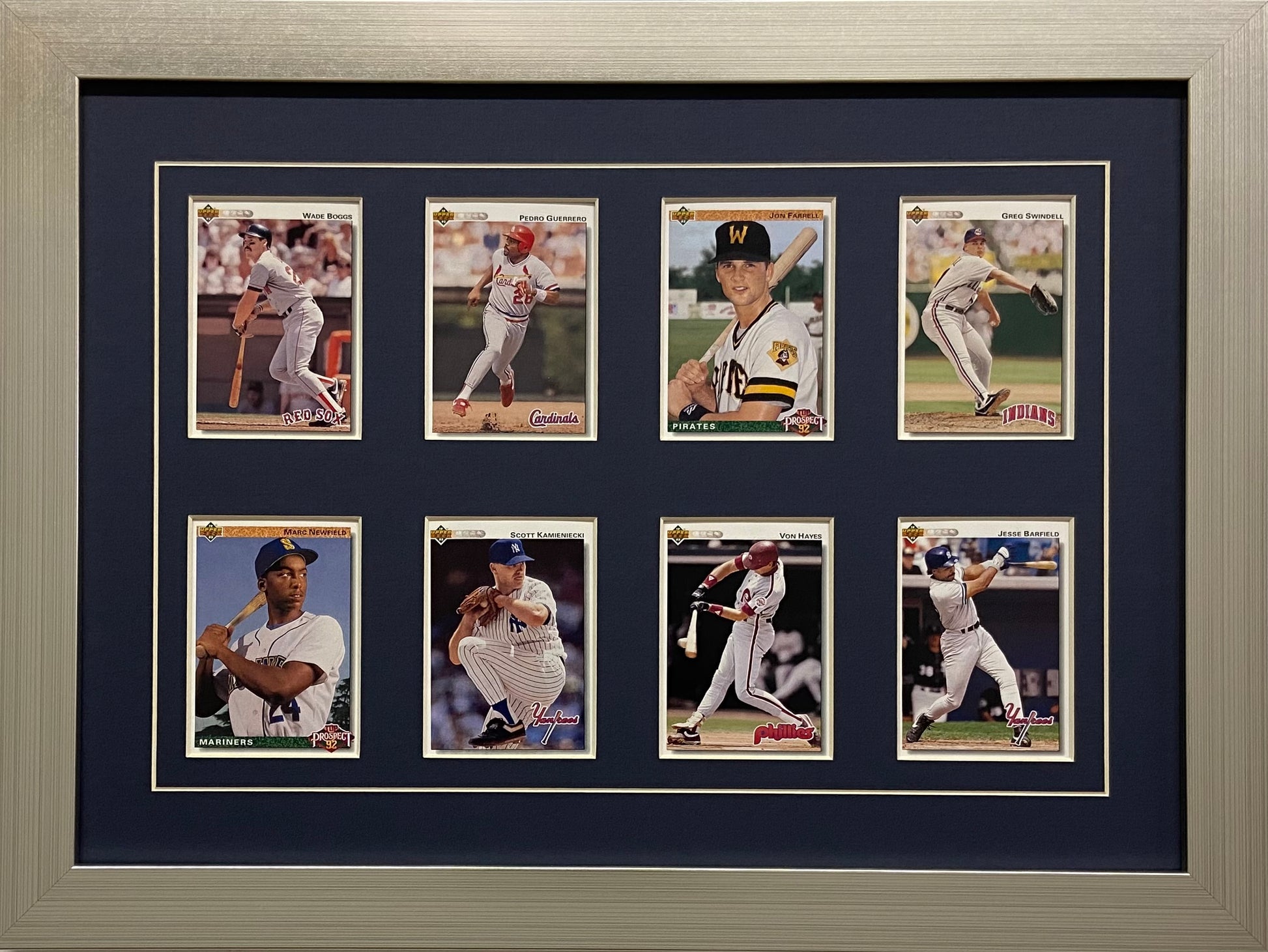 eight trading card frame navy blue-white mat silver frame