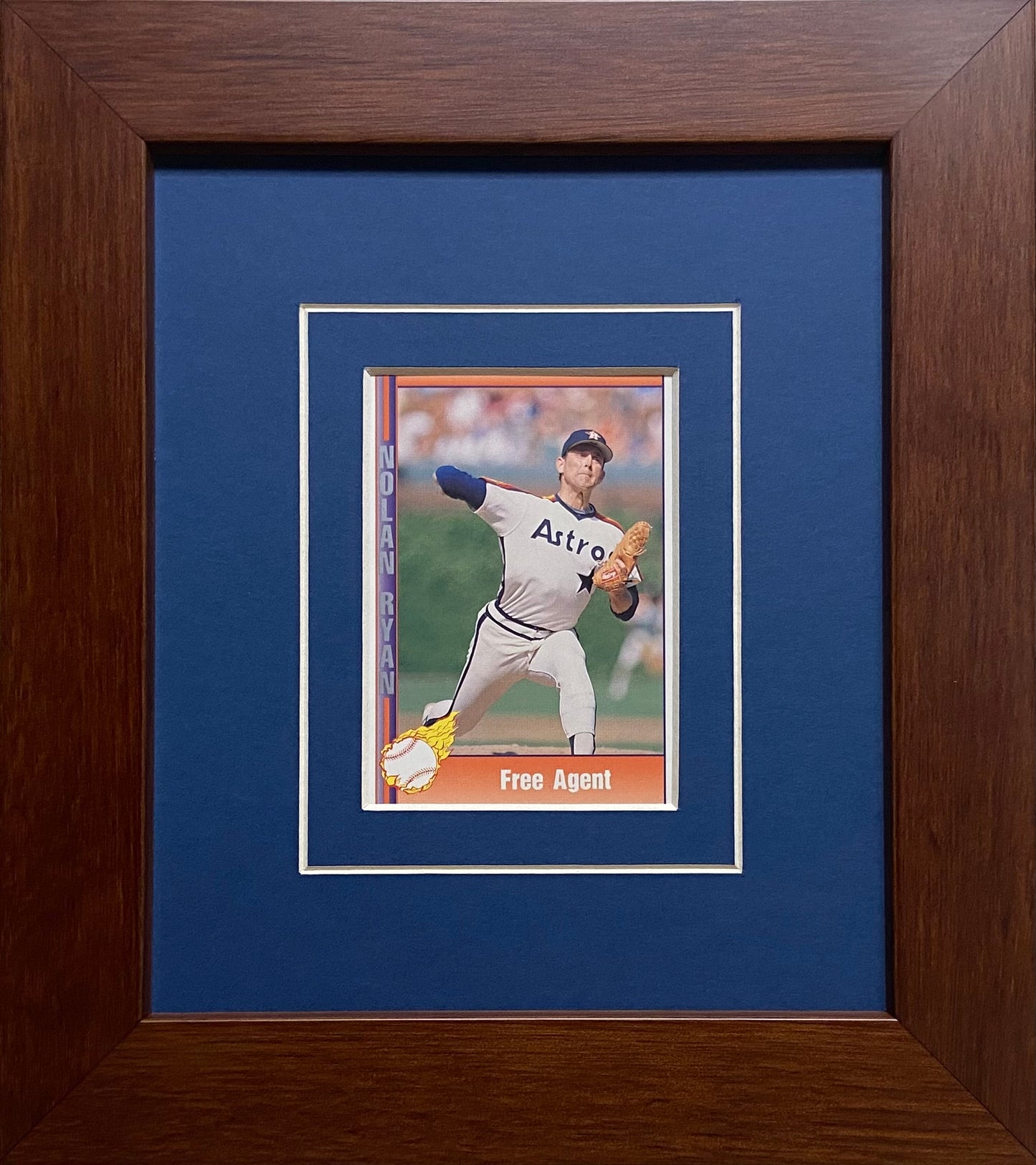 single trading card frame dark blue-white mat walnut frame