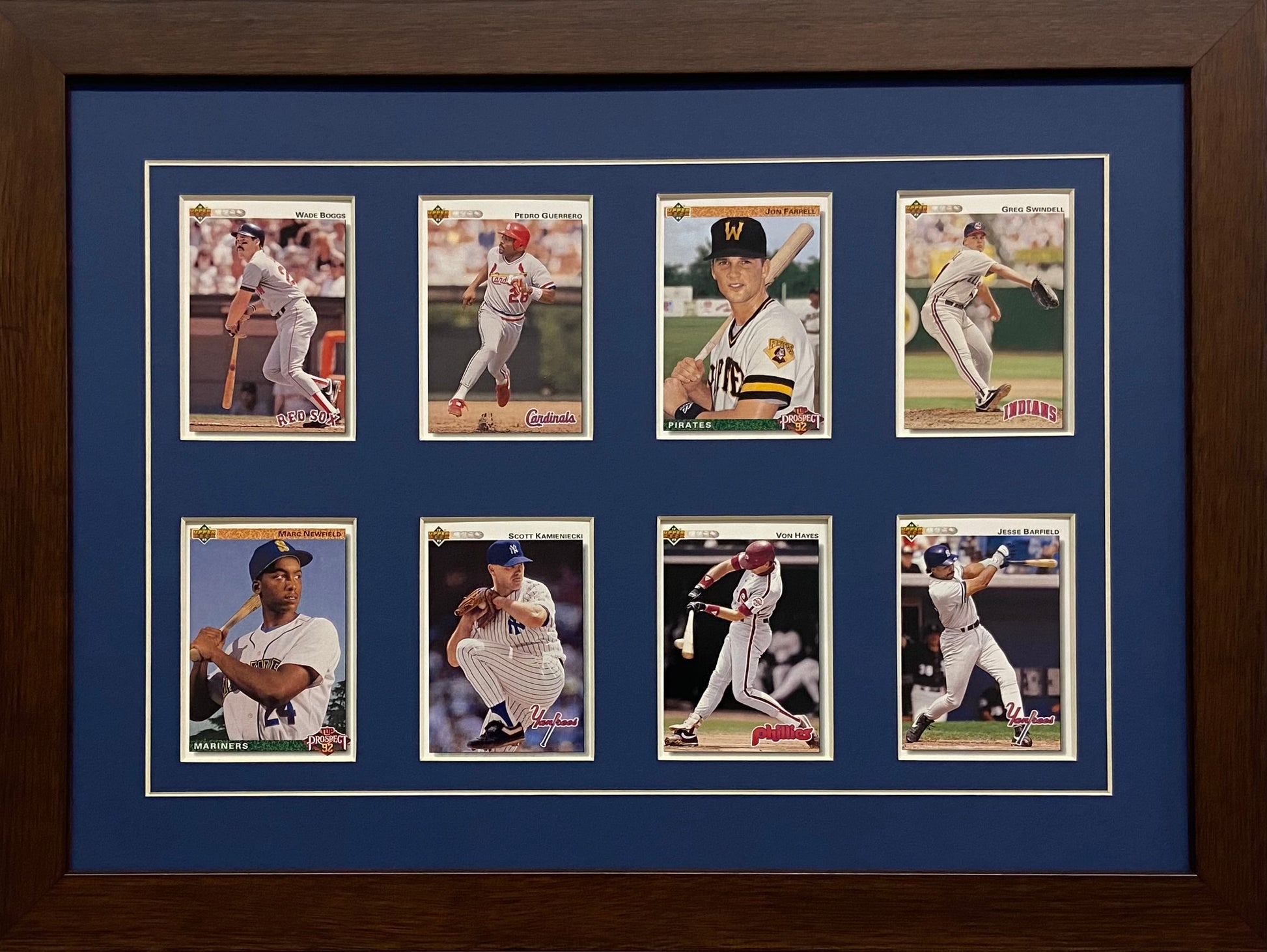 eight trading card frame dark blue-white mat walnut frame