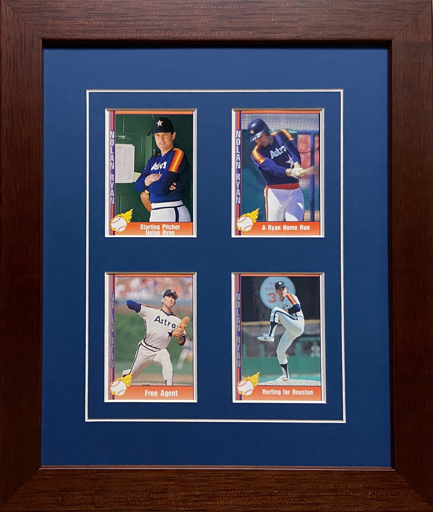 four trading card frame dark blue-white mat walnut frame