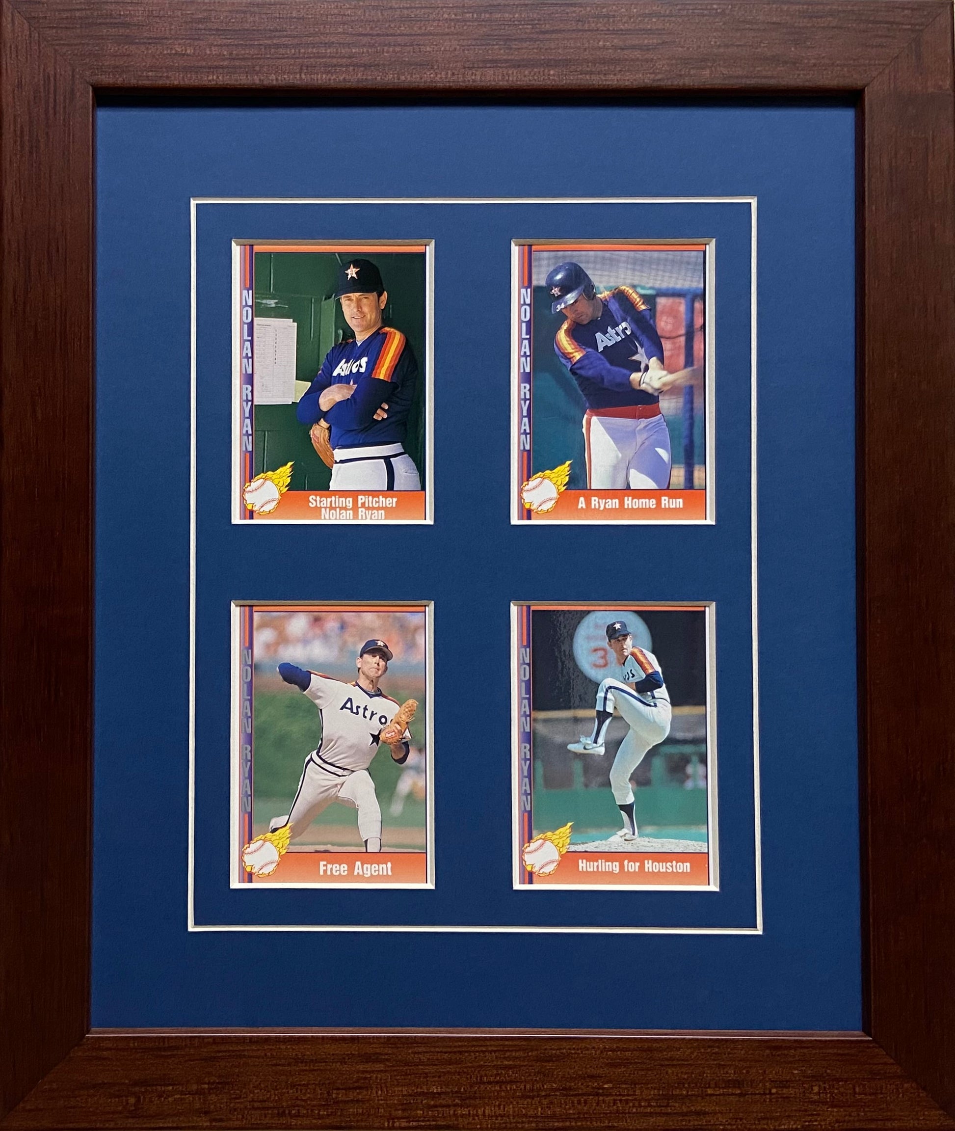four trading card frame dark blue-white mat walnut frame