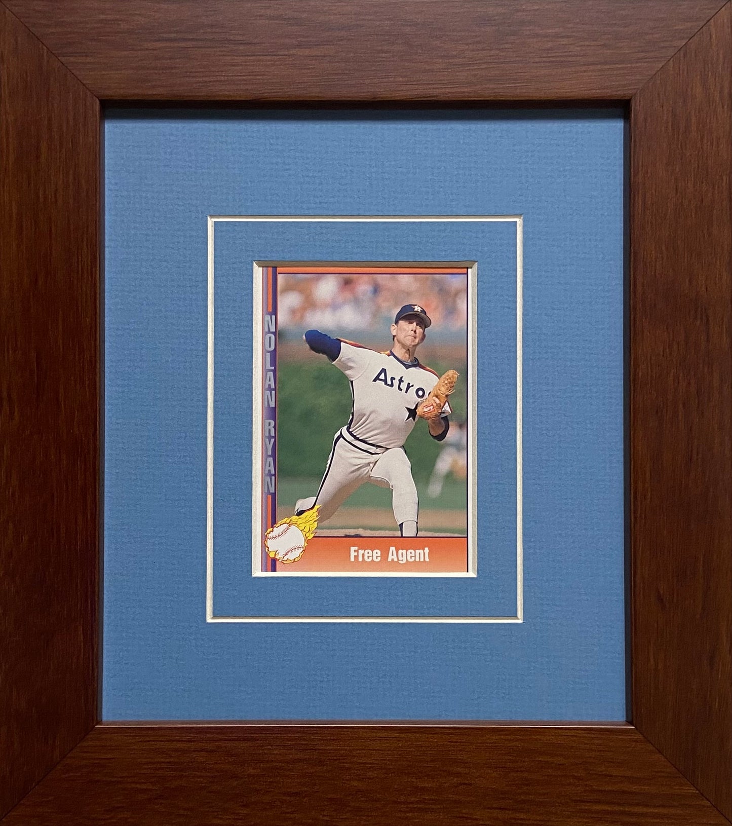 single trading card frame light blue-white mat walnut frame