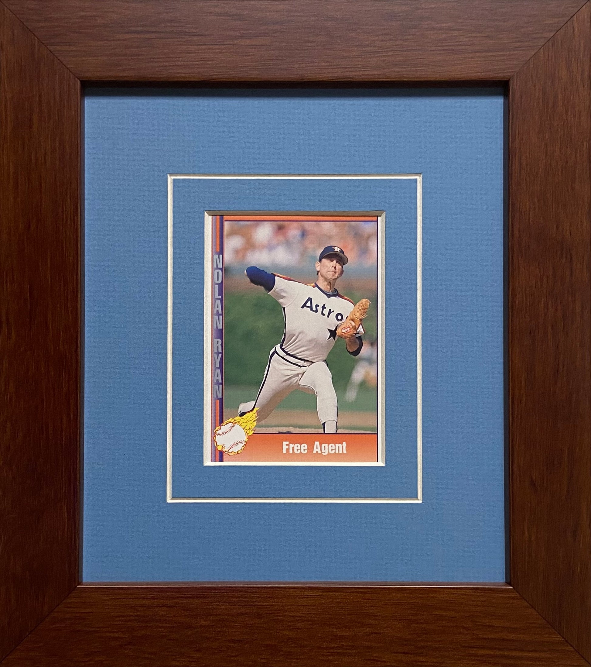 single trading card frame light blue-white mat walnut frame
