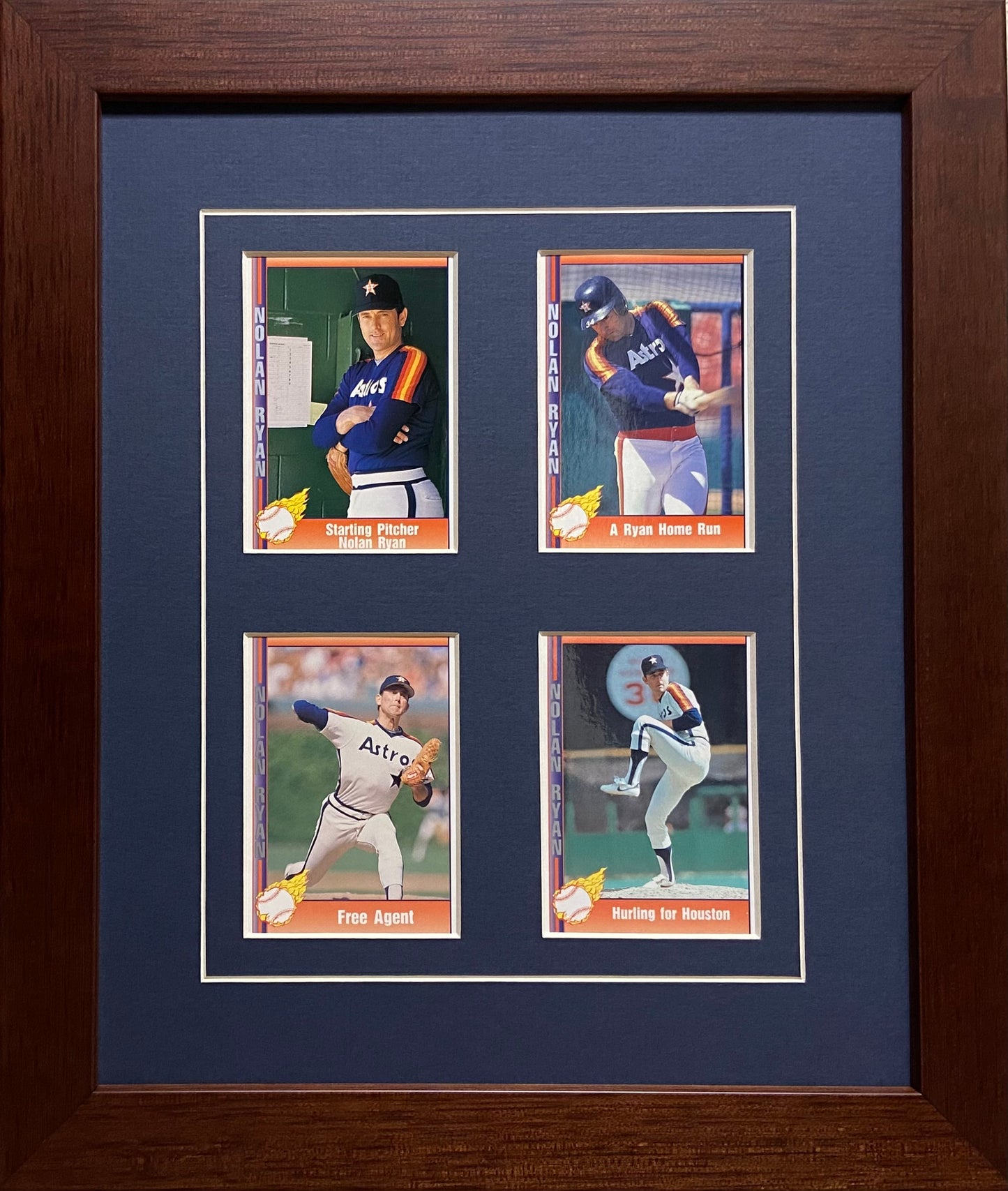 four trading card frame navy blue-white mat walnut frame