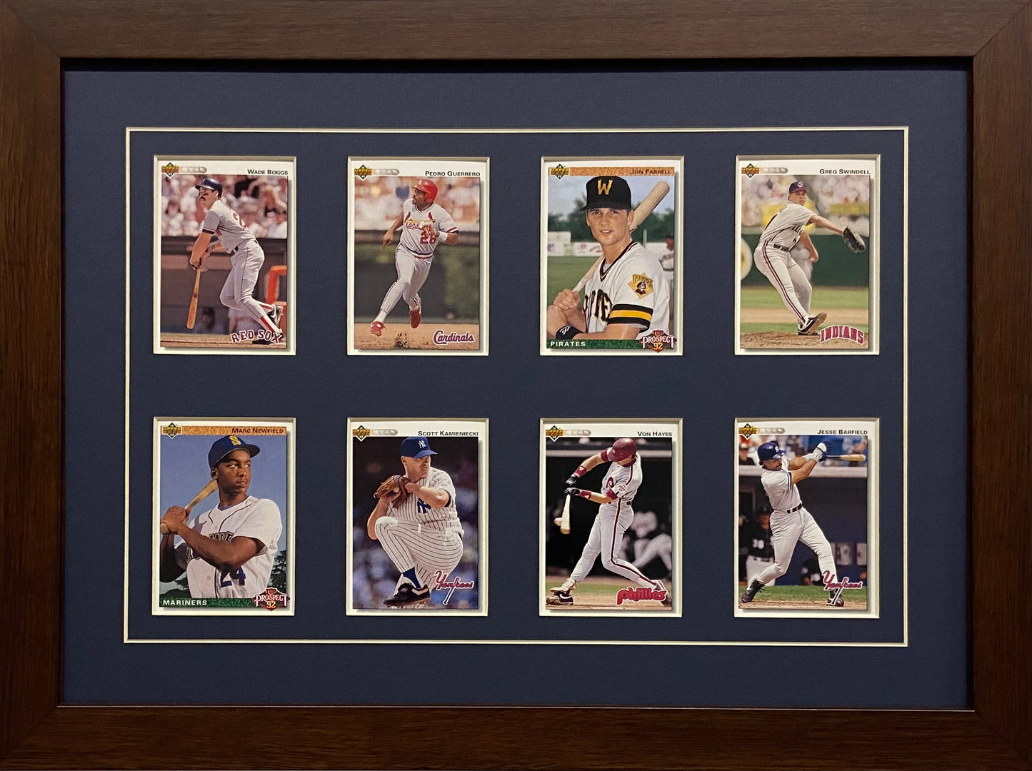 eight trading card frame navy blue-white mat walnut frame