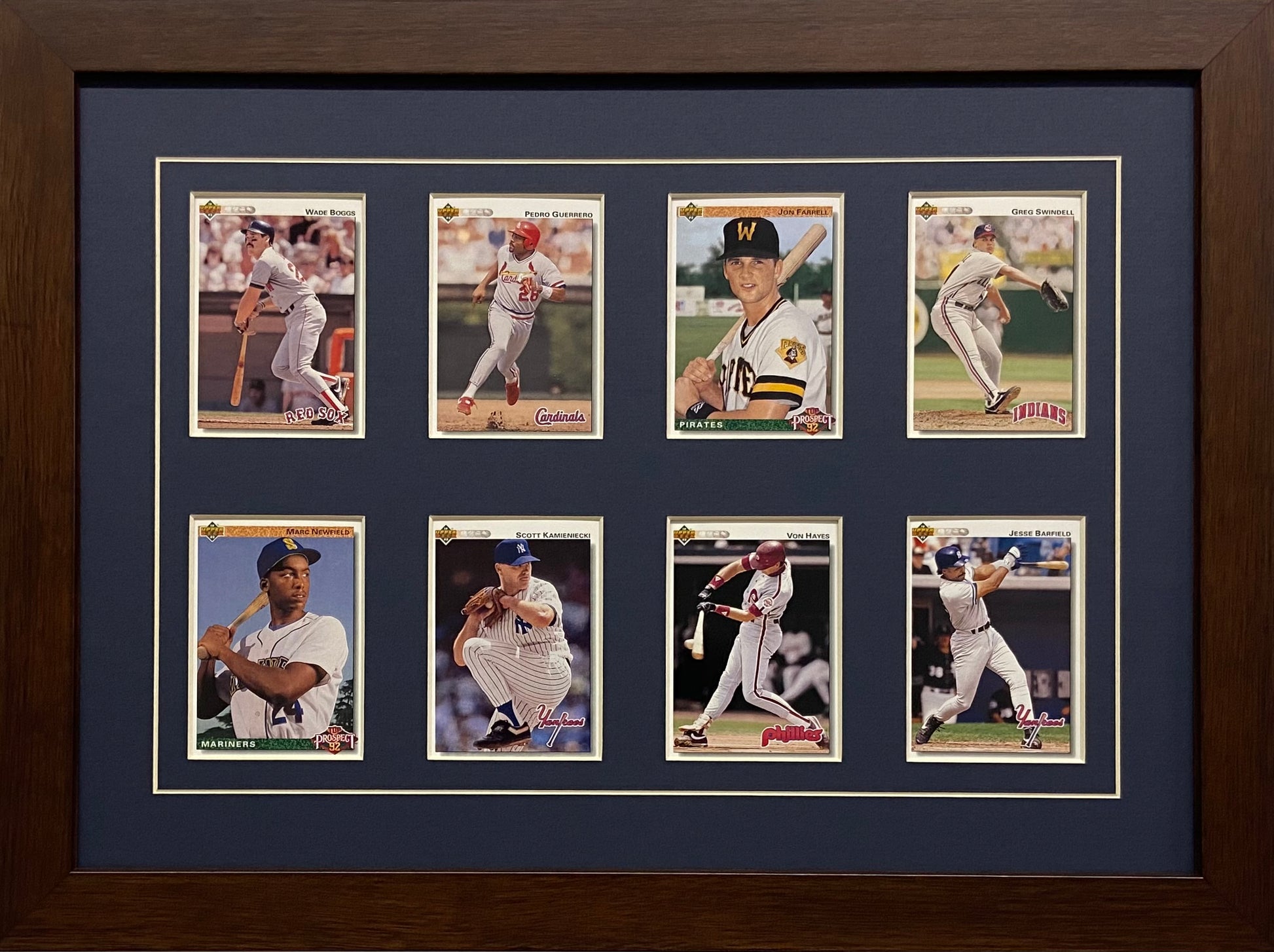 eight trading card frame navy blue-white mat walnut frame