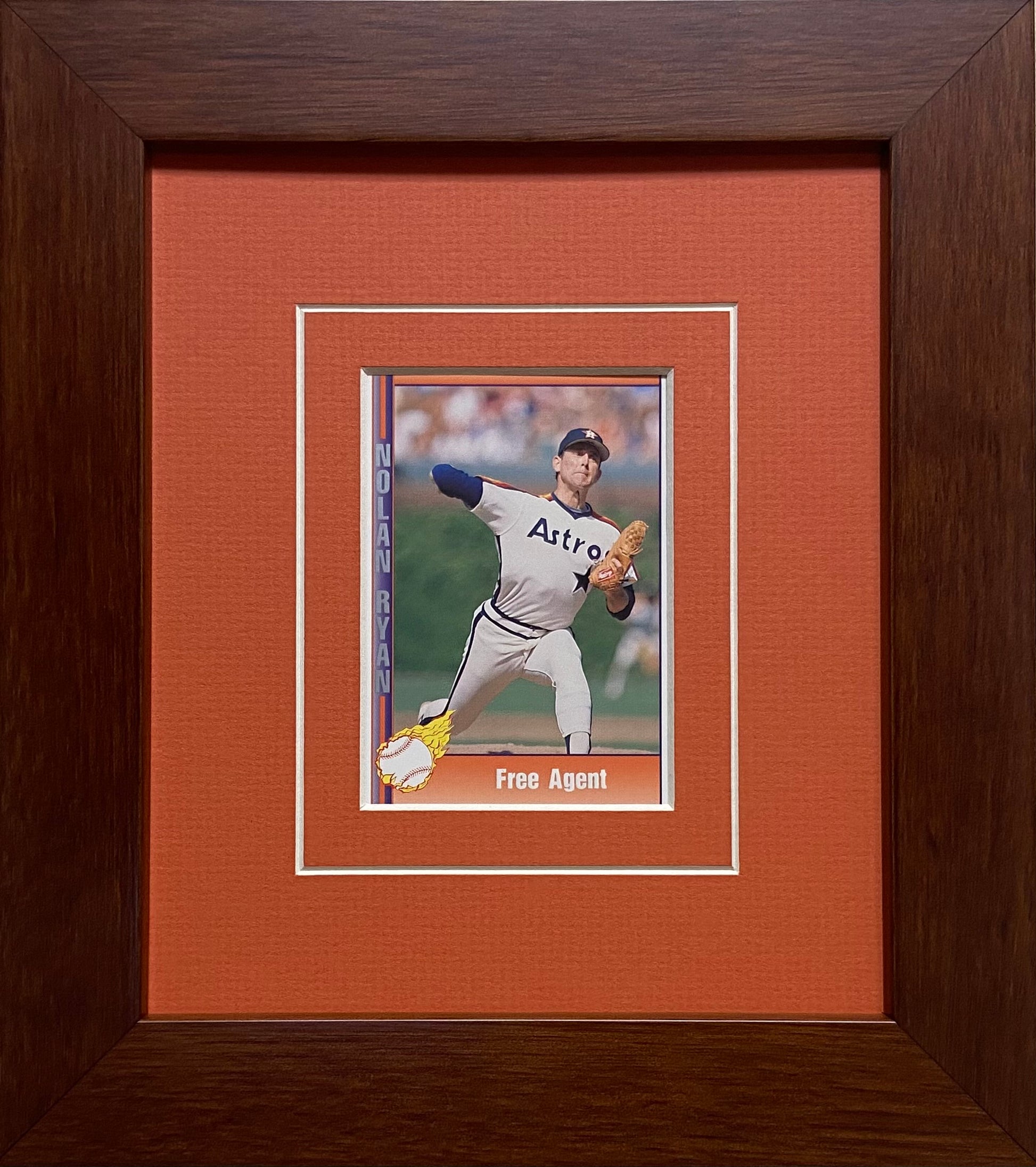 single trading card frame orange-white mat walnut frame