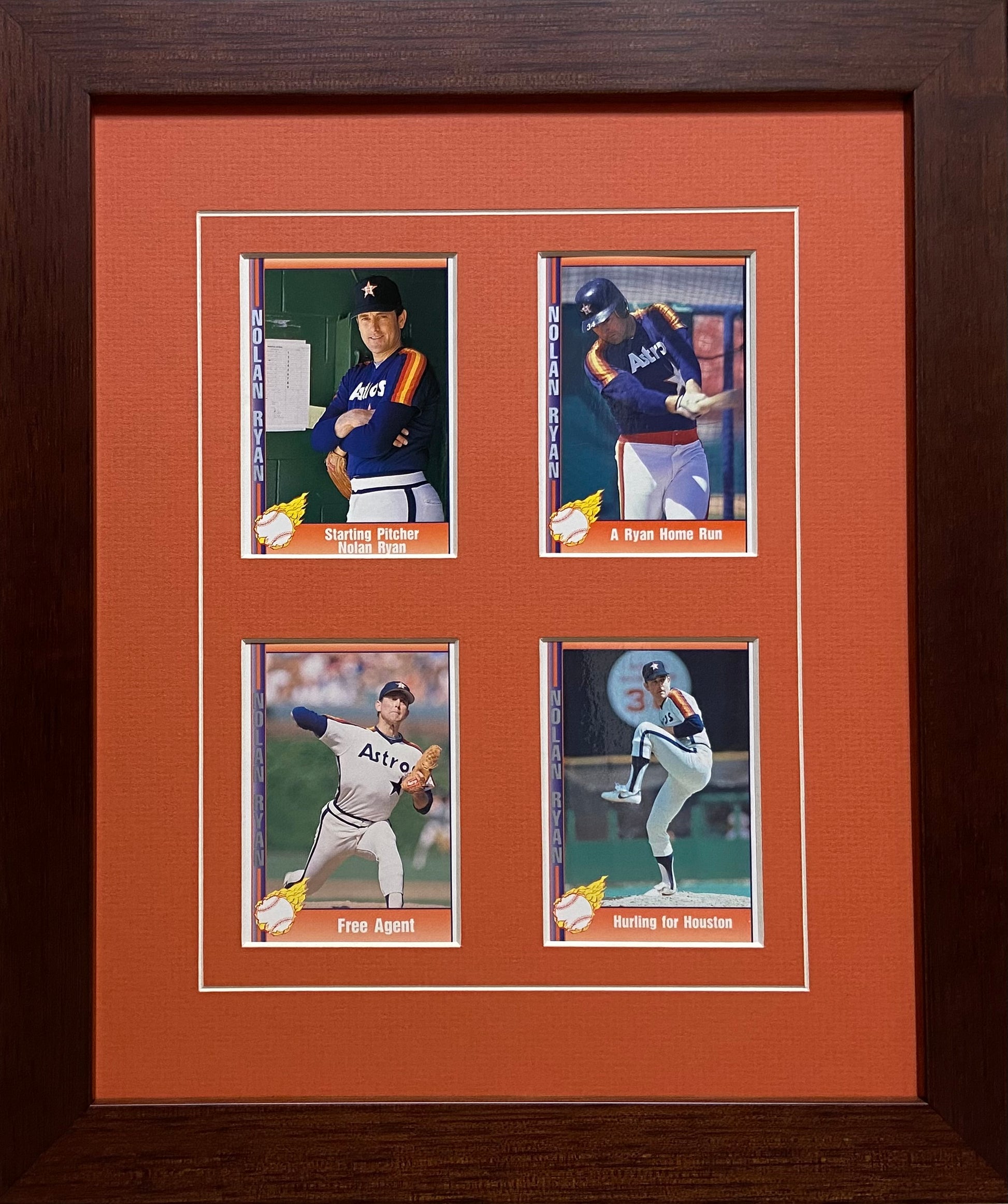 four trading card frame orange-white mat walnut frame