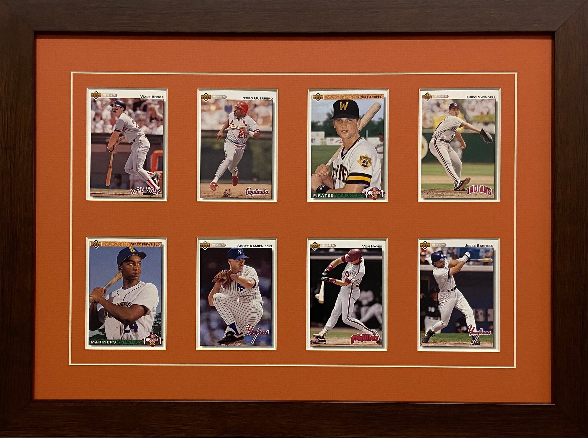 eight trading card frame orange-white mat walnut frame