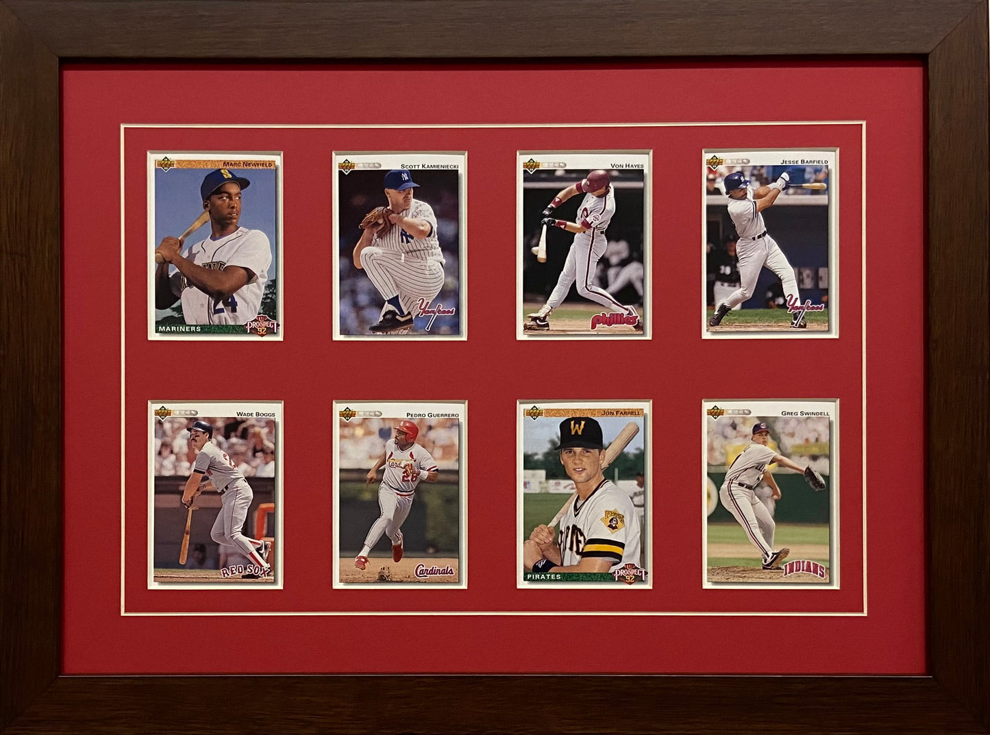 eight trading card frame red-white mat walnut frame
