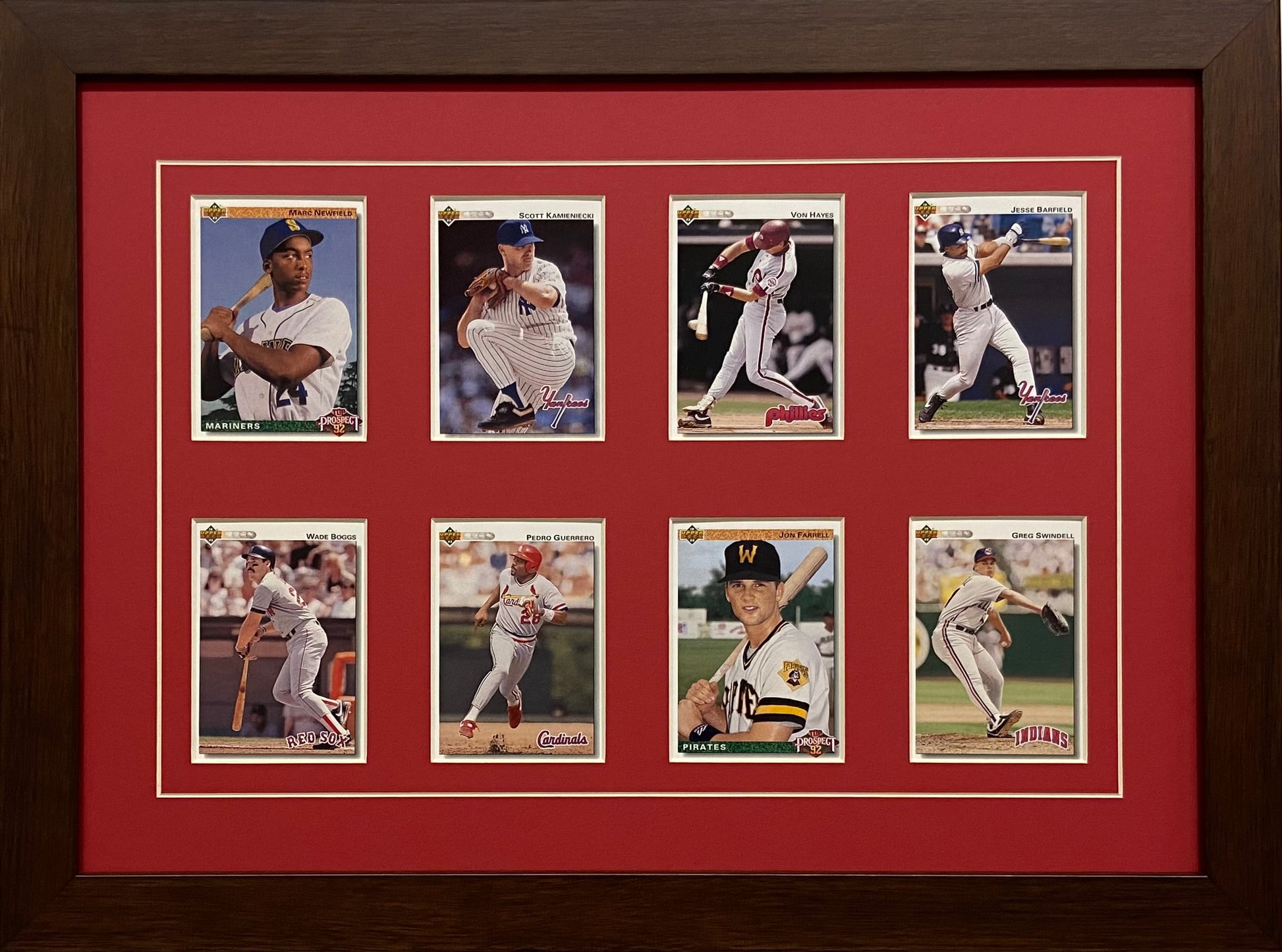 eight trading card frame red-white mat walnut frame