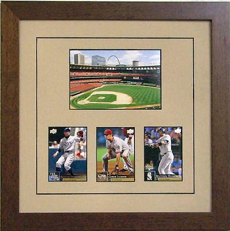 Trading Card Frame with Photo that holds three sports cards tan-black mat walnut frame