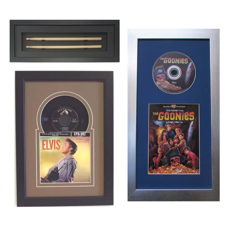 Movie, music, and drum sticks in frames