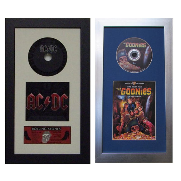 Framed goonies dvd and framed ac/dc cd
